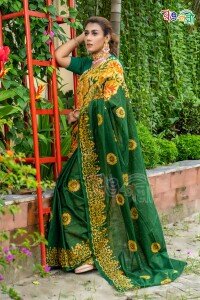 Green with Multi Color Cotton Batik Saree with Blouse Piece