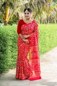 Red with White Multi Color Cotton Batik Saree with Blouse Piece