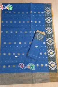 Bluish Ash Color Body With Silver and Golden Lace Dhakai Jamdani Saree With Blouse Piece