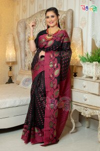 New Black with Pink Golden Color Half Silk Jamdani Motif Saree