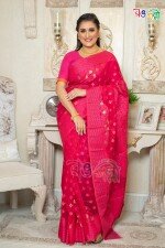 New Red with pink Golden Color Half Silk Jamdani Motif Saree