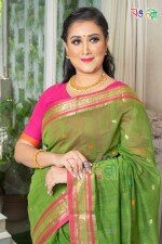 New Halfsilk Hanloom Green with Pink and Golden Color Work Saree With Blouse Piece