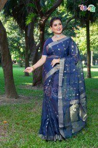 Navy Blue with Golden Color Halfsilk Saree with Running Blouse Piece