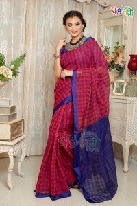 Red Blue Check Half Silk Saree With Blouse Piece
