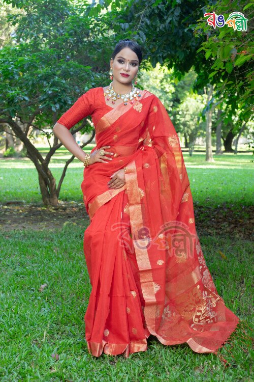 Red with Golden Color Halfsilk Saree with Running Blouse Piece