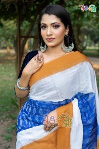 White with Blue Color Body Mustard Par and Achol Cotton Kotki Saree With Blouse Piece
