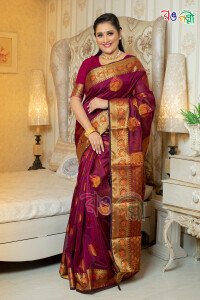 Berry with Golden Color Half Silk Tanchuri Saree with Running Blouse Piece