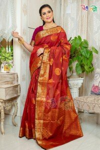 Merun with Golden Color Half Silk Tanchuri Saree with Running Blouse Piece