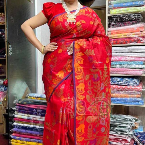 Red with Multi Color Cotton Tantuj Saree