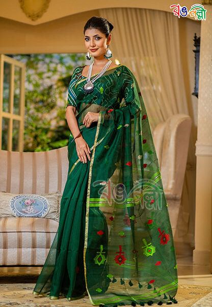 Half Silk Handloom Saree in Deep Green Color