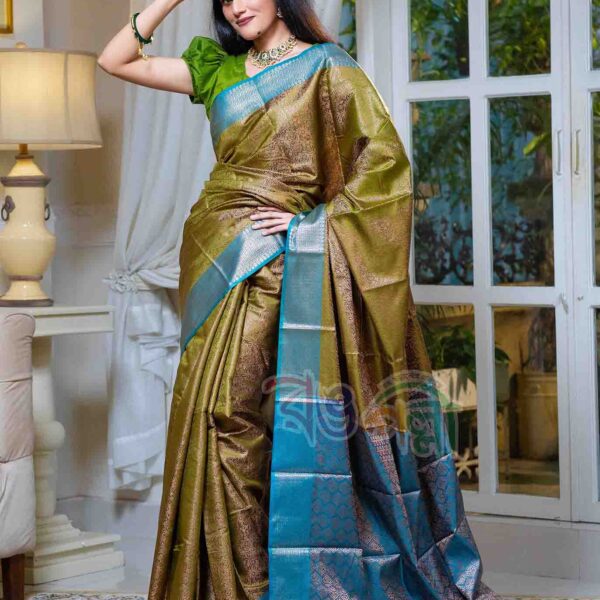 Olive Green and Blue Kanjivaram Silk Saree with Gold Zari Work