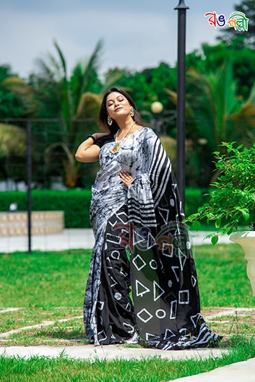 Black and White Silk Batik Saree