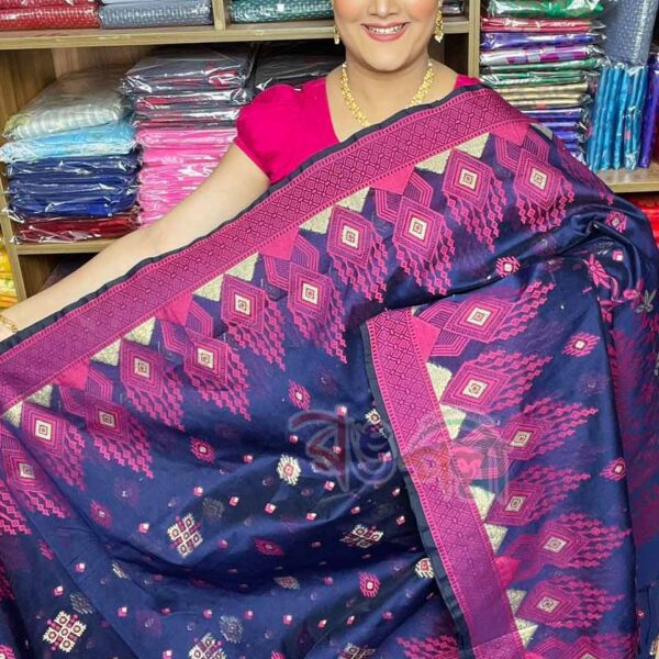 Halfsilk Jamdani Motif Saree in Blue and Magenta Color