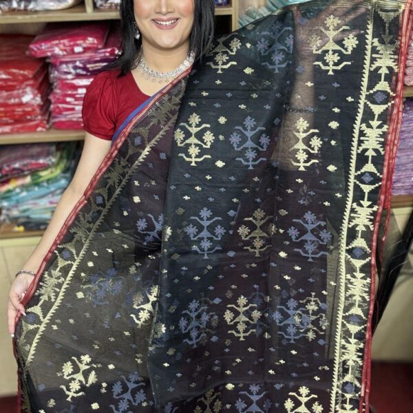 Premium Dhakai Jamdani Saree in Black & Golden Color